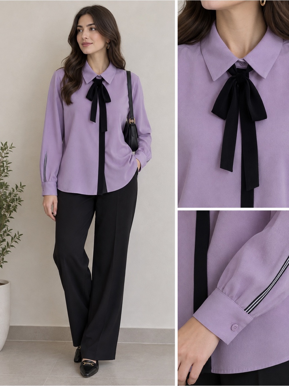 Haute monde Lavender Shirt with Black Ribbon Trim